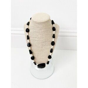 NWT Genuine Black Onyx, Obsidian & Pearls Necklace Beaded Black White